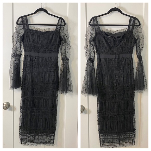 Sheer black polka dot bodycon midi dress with rouching - Picture 1 of 6
